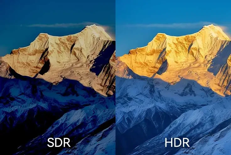 The same mountain view in SDR and in HDR
