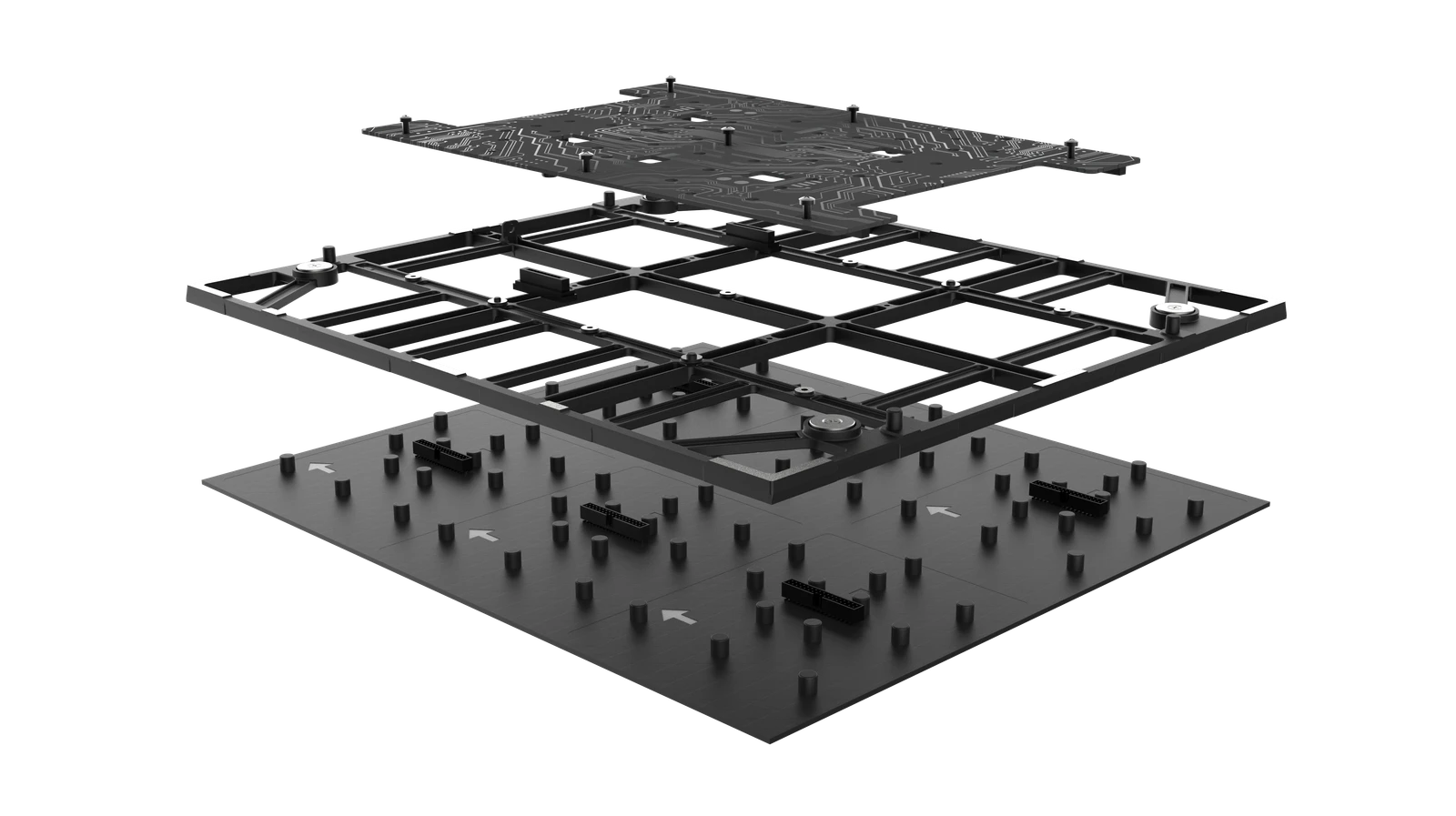 A DVD Series module taken apart: the board, the frame and the bottom shell
