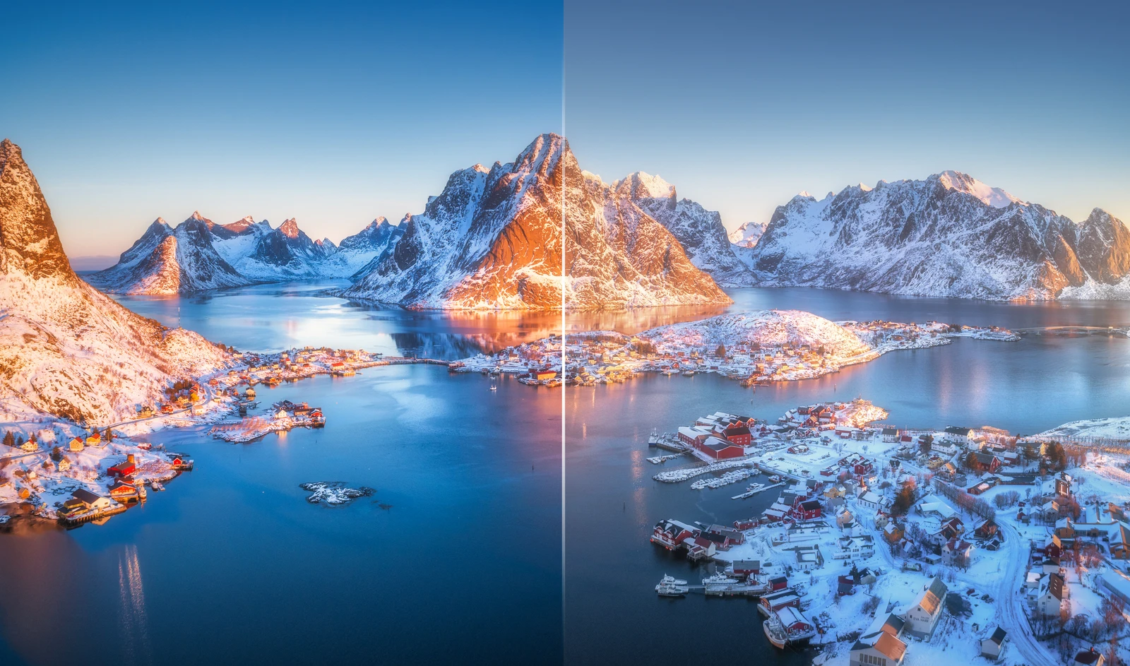 Un lac de montagne affiché en contraste standard et en contraste élevé